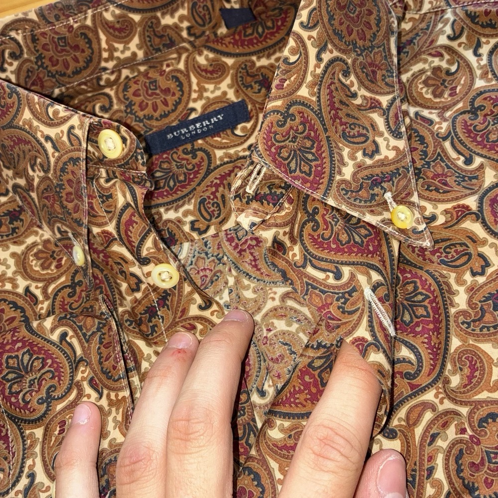 Vintage Burberry 90's Paisley Mosaic Red Multicolor Button Down Shirt L USA Made - Picture 5 of 6